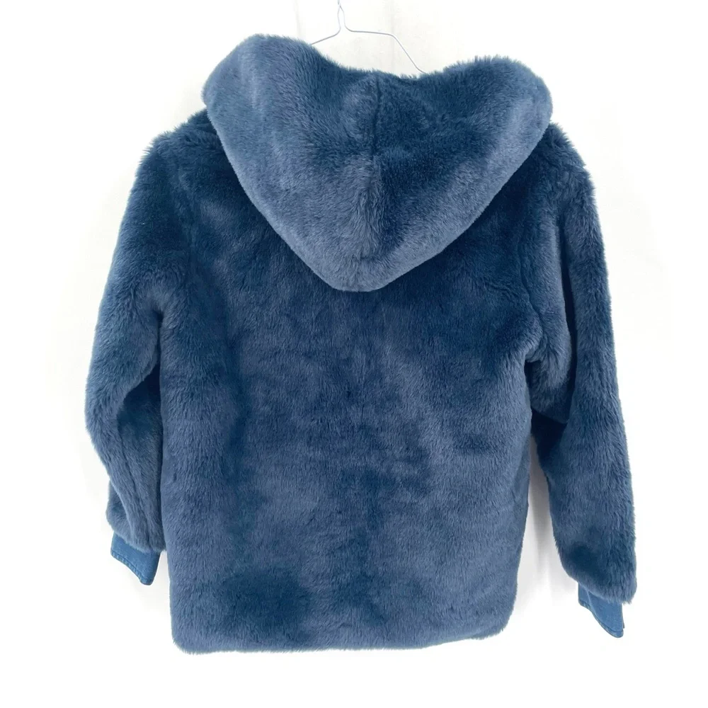 Stella McCartney Kids NWT Treasure Faux Fur Hooded Blue Denim Button Front Coat
